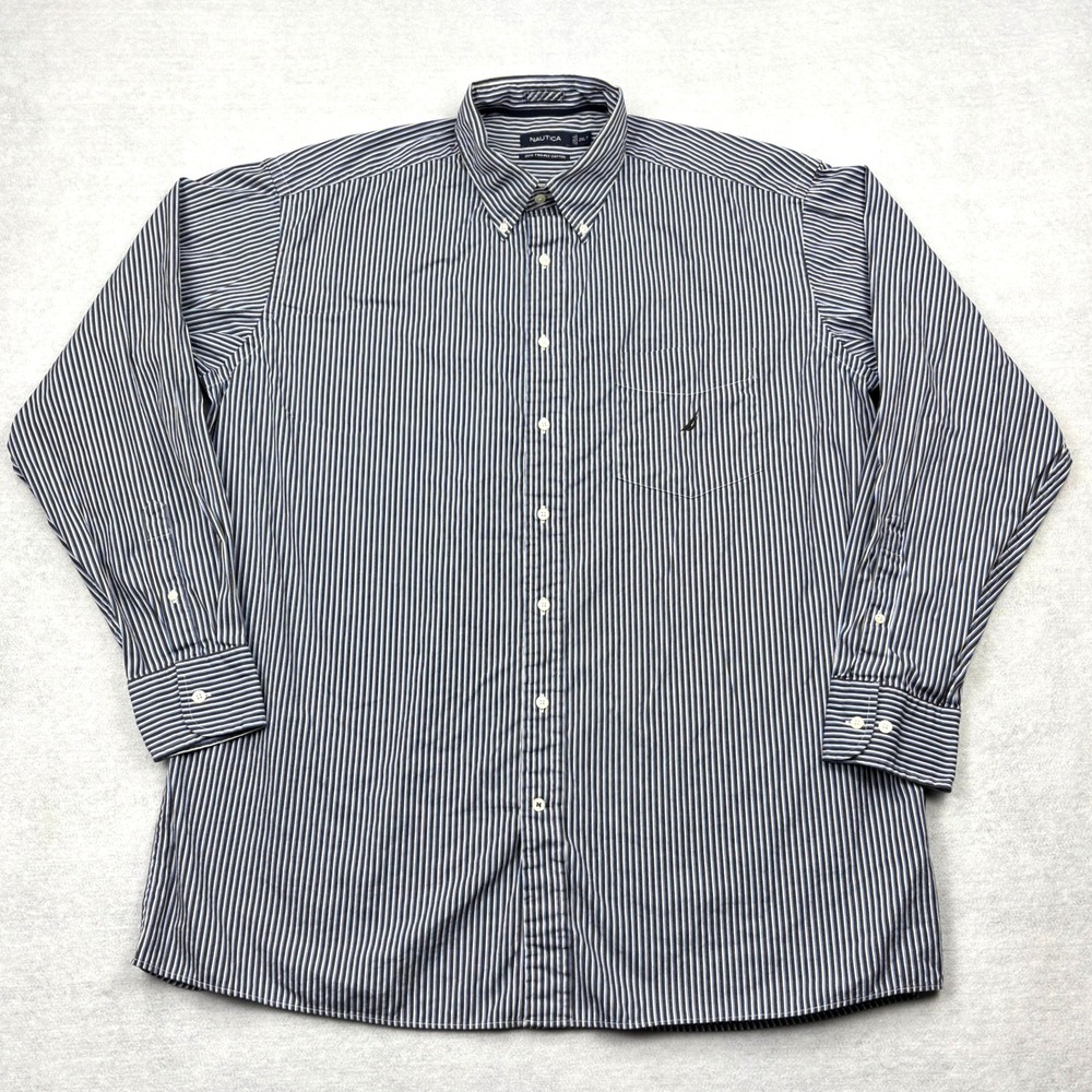 Nautica Shirt Mens 2XLT Brown Blue Striped 80s 2-Ply Cotton Button Down Tall Top
